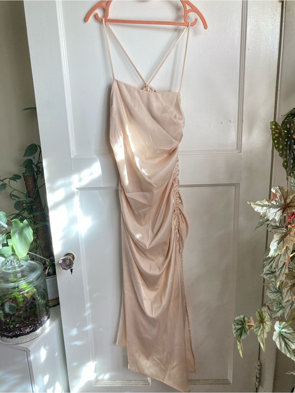 Elegant Ruched Satin Slip Dress — Blush Cream Pearl Color